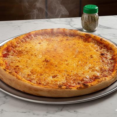 Steaming cheese pizza served on a metal tray.