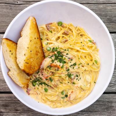 Lobster carbonara, top view.