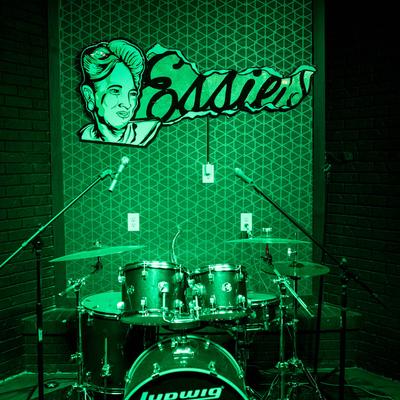 Drum kit and microphones.