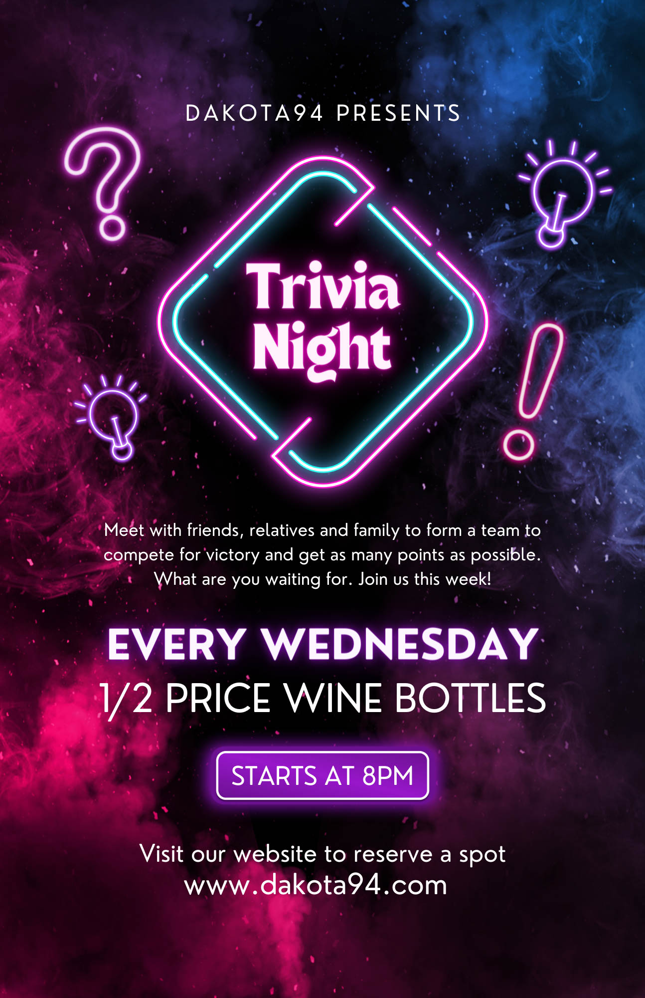 Flyer, Trivia Night, every Wednesday half price wine bottles, starts at 8 pm