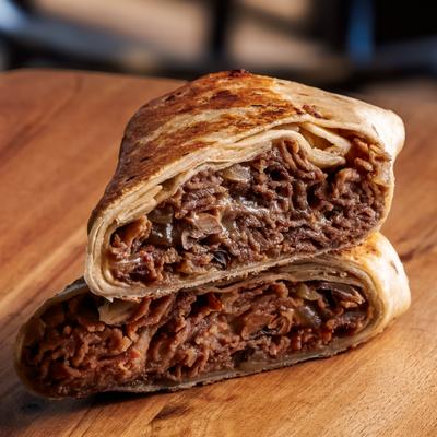 Philly cheesesteak wrap cut in half, close-up.