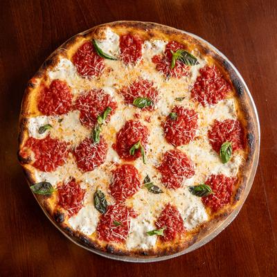 The old world margarita style pizza, top view.