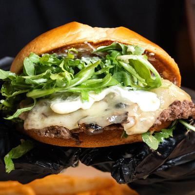 Mushroom Swiss Burger, with arugula, and garlic aioli.