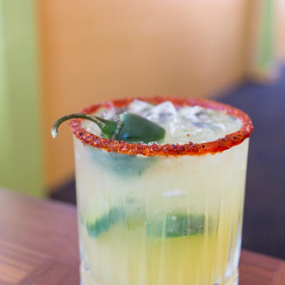 A green pepper margarita, served.