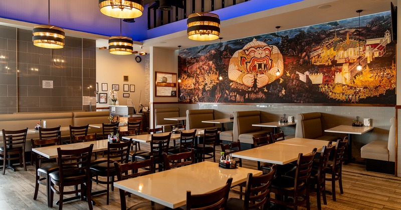 Restaurant interior, dining area, wall mural