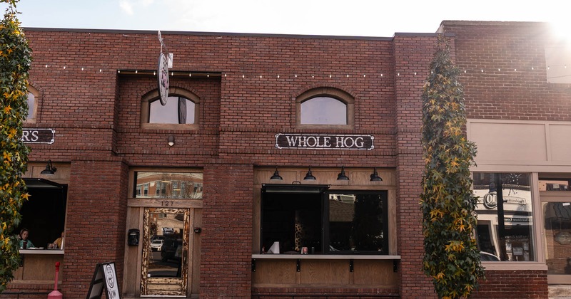 Exterior, front view to the restaurant, entrance, sign