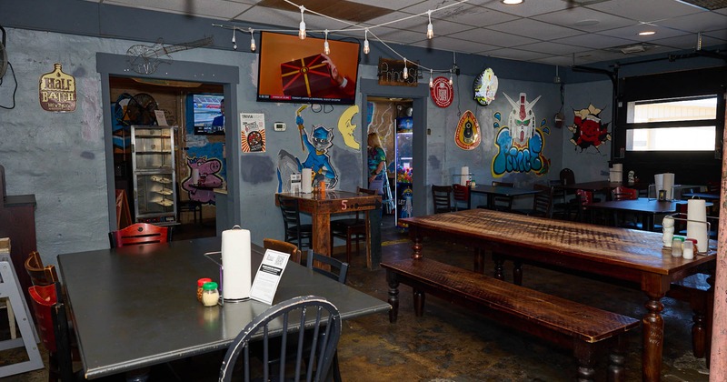 Interior, few big tables with chairs