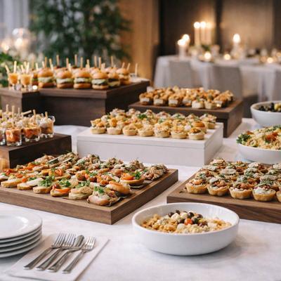 Catering display with assorted appetizers on trays and platters.