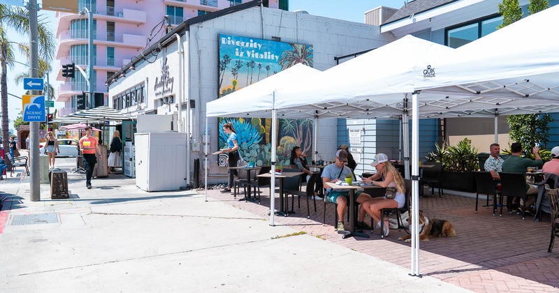 Exterior, seating place on patio with parasols