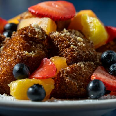 Cuban style French toast with fruits.