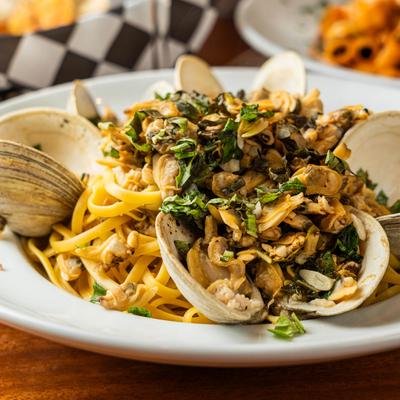 Linguine pasta with clams and herbs.