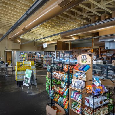 Deli interior, various merchandise.