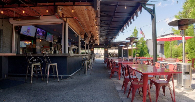 Patio, seating area, covered bar
