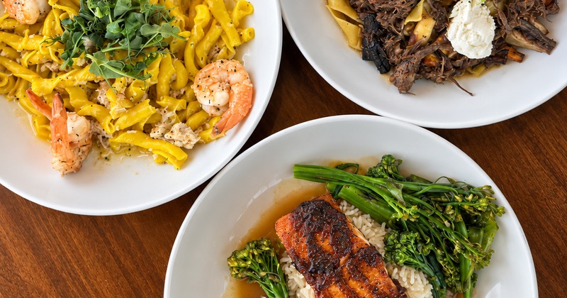 Lemon Shrimp & Crab Scampi, Slow Braised Short Rib Pappardelle, and Cherry Chipotle Salmon served at Lujacks.