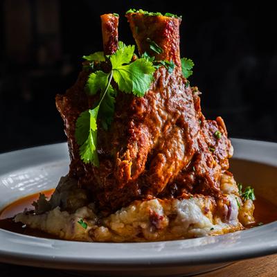 Osso Buco. Slow-cooked pork bone shank served over mashed potatoes, side view.