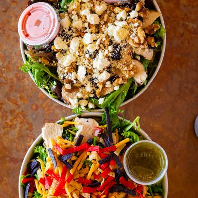 Group shot of salads, top view.