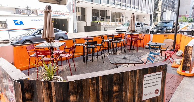 Exterior, patio with seating and parasols