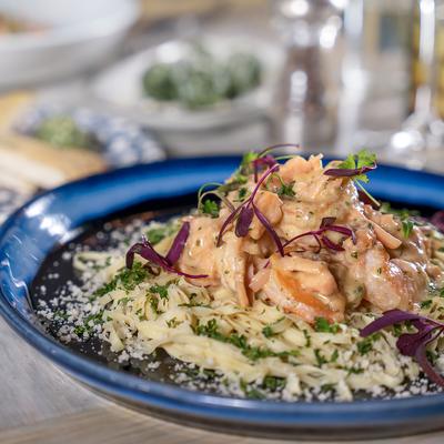 Trenette alla Momo  House Made narrow Pasta Shrimp and lightly smoked salmon, brandy cream sauce.