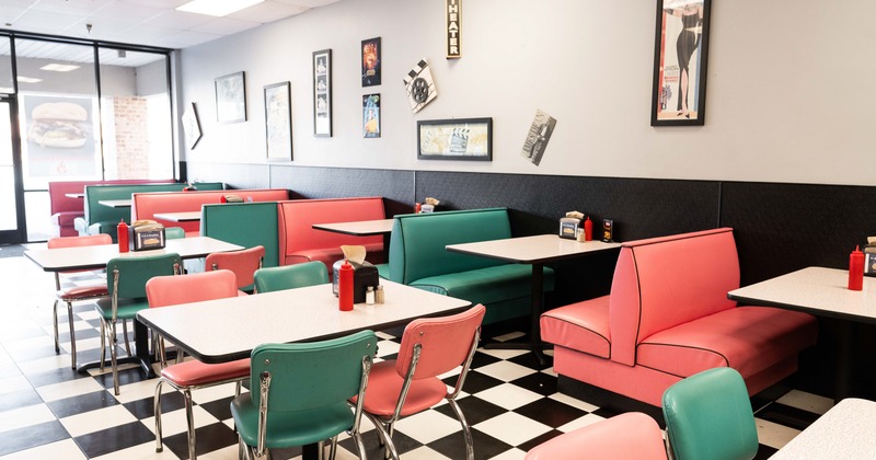 Diner tables and chairs, booths behind