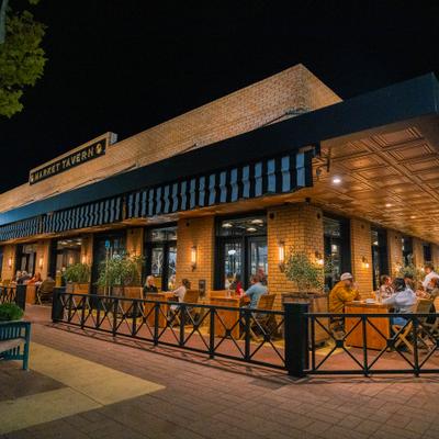 Outside of the building at night.