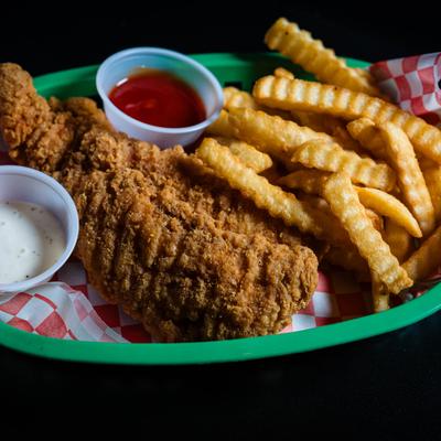 Crispy fried fish served with crinkle-cut fries and dipping sauces.