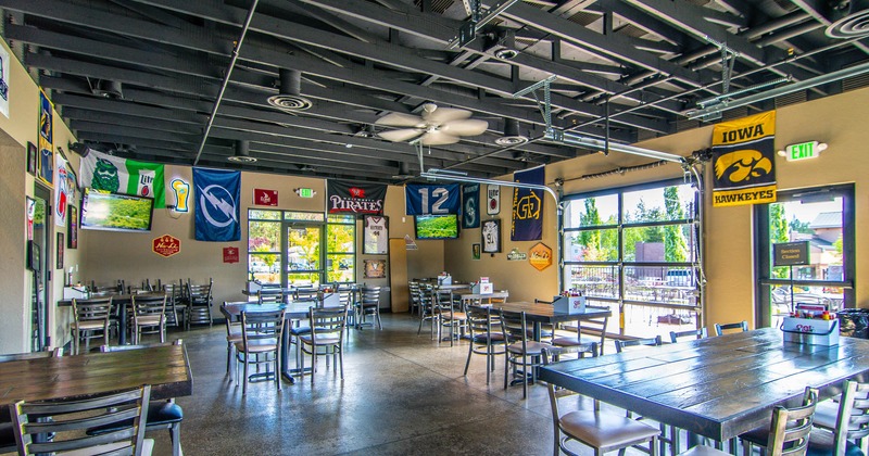 Interior, dining area, hanging flags