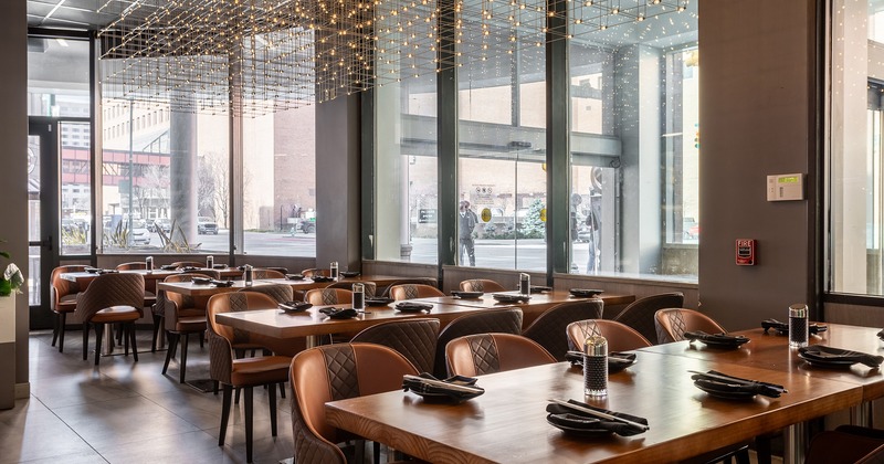 Nicely done interior dining area with set tables