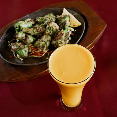 Mango Lassi and Hara Pudina Kabab.