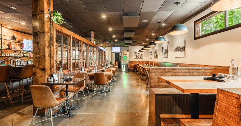 Interior seating area with wood decor and leather seating