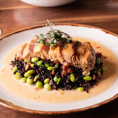 Seared Rare Tombo, Apple-wood bacon, edamame, leeks, kimchi fried forbidden rice.