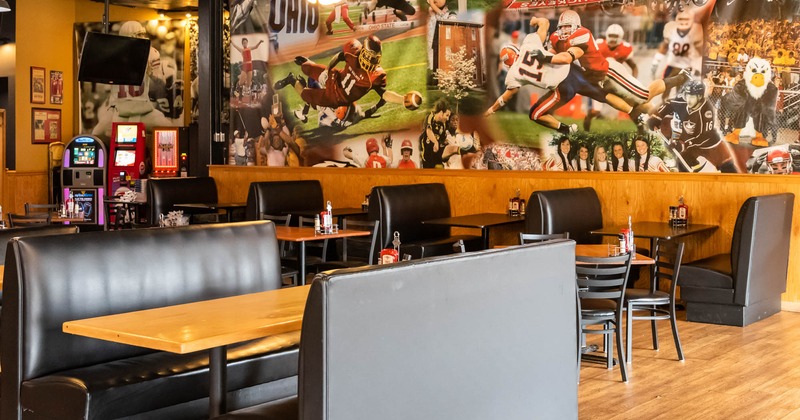 Interior, booths, tables, chairs, lights, decorations