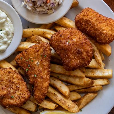 Great northern fish and chips with house-made coleslaw and tartar sauce.
