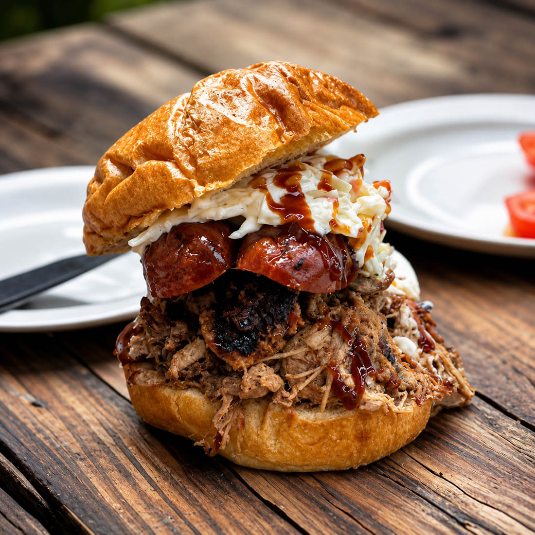 Pulled pork sandwich with BBQ meats and coleslaw