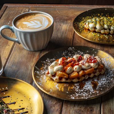 Various waffles and coffee.