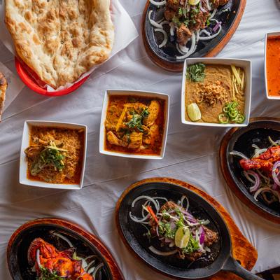 Various food on the table, top view.