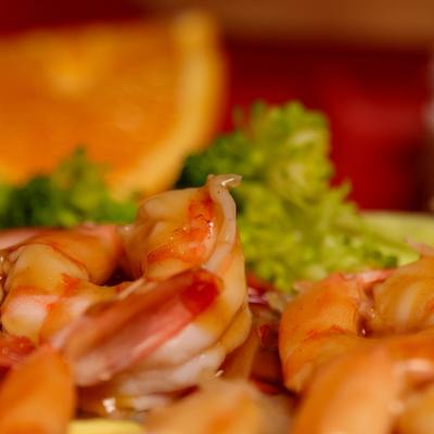 Extreme close up view of Shrimp Teriyaki.