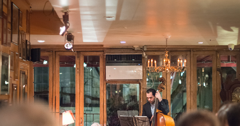 Interior, contrabassist playing close up