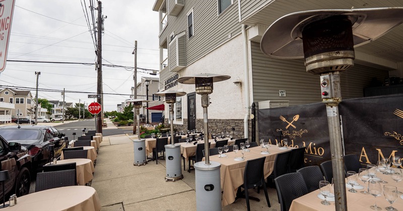 Outdoor seating area, tables and chairs