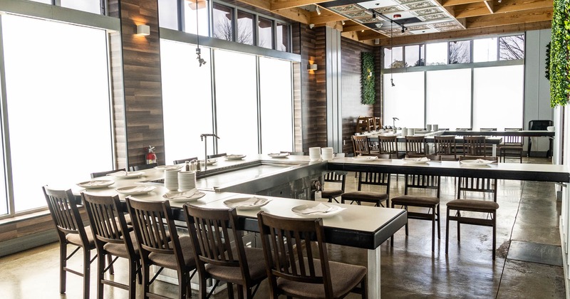 Interior, teppanyaki tables with tableware ready for guests