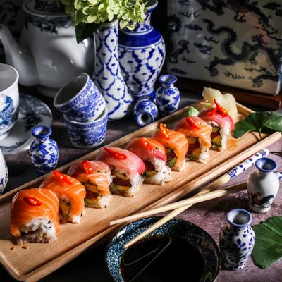 Different types of sushi lined up