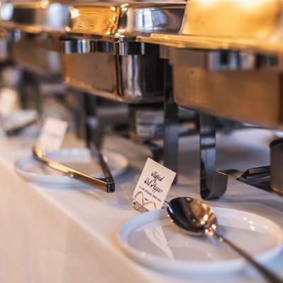 Chafing dishes and utensils, close up.