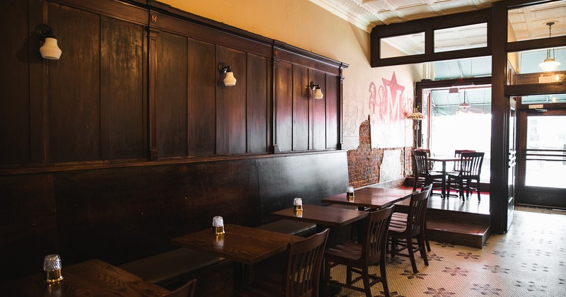 Interior space, seating area, lined-up tables