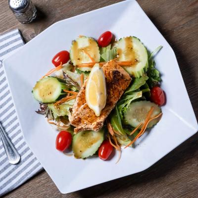 Grilled Cajun Salmon Salad, top down view.