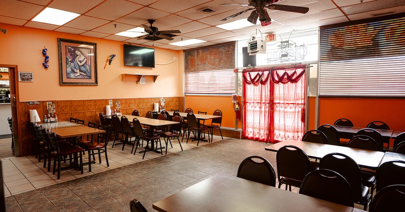 Interior, dining area, lined up tables