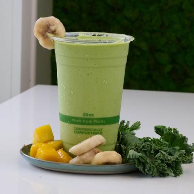 Banana, kale, and mango smoothie.