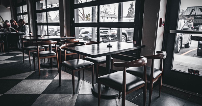 Dining area, wooden top tables and chairs