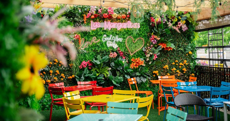 Interior, colorful tables and chairs ready for guests