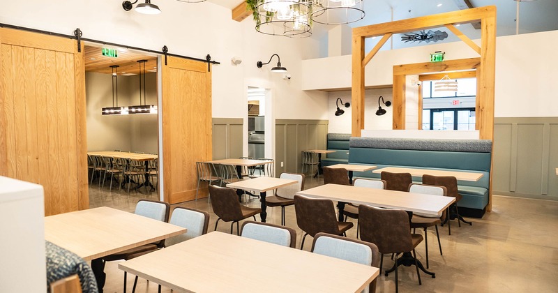 Interior space with tables, chairs, and seats