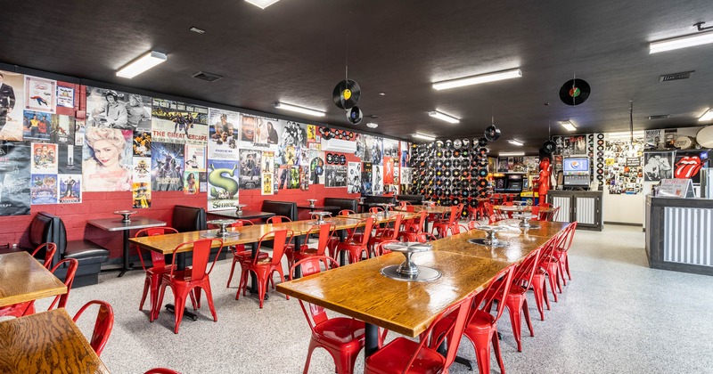 Dining area, walls decorated with movie posters and music records