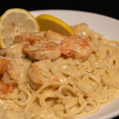 Shrimp pasta, with white wine, butter, and garlic sauce.